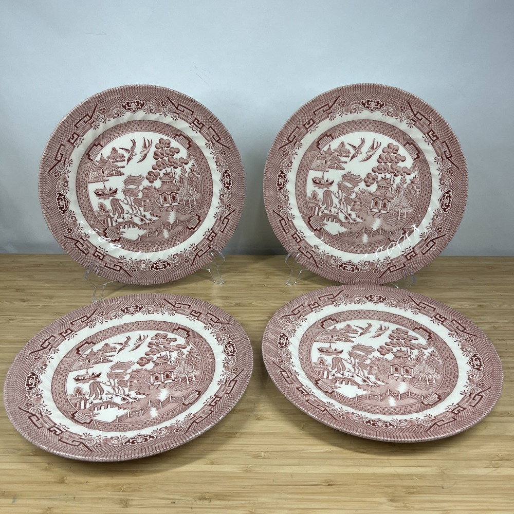 Royal Wessex Willow Rosa Pink 10" Dinner Plates Set of 4 England Transferware